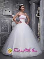 Beading And Appliques Decorate Tulle White Romantic Quinceanera Dress In Coral Gables FL