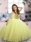 Fashionable Scoop Sleeveless Little Girl Pageant Dress Floor Length Beading Yellow Green Tulle