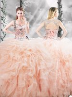Smart Peach Sleeveless Tulle Lace Up Vestidos de Quinceanera for Military Ball and Sweet 16 and Quinceanera