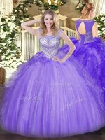 Noble Lavender Ball Gowns Scoop Sleeveless Tulle Floor Length Lace Up Beading Sweet 16 Dress