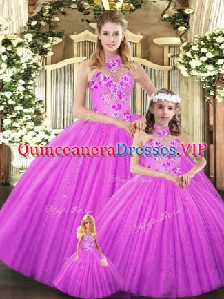 Flare Lilac Halter Top Lace Up Embroidery Quinceanera Dress Sleeveless