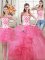 Popular Three Piece Floor Length Hot Pink Quince Ball Gowns Tulle Sleeveless Beading and Appliques and Ruffles