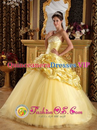 Hunstanton East Anglia Custom Made Modest Beaded Decorate Yellow Quinceanera Dress With Hand Made Flowers And Pick-ups