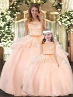 Great Floor Length Peach Quinceanera Gowns Organza Sleeveless Lace