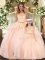 Great Floor Length Peach Quinceanera Gowns Organza Sleeveless Lace