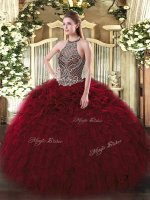 Fine Wine Red Organza Lace Up Quinceanera Dresses Sleeveless Floor Length Beading and Ruffles