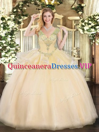 Beautiful V-neck Sleeveless Quinceanera Gown Floor Length Beading Champagne Tulle