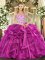 Fuchsia Organza Lace Up Straps Sleeveless Floor Length Quinceanera Gown Beading and Appliques and Ruffles
