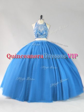 Luxurious Blue Two Pieces Beading Quinceanera Dresses Backless Tulle Sleeveless Floor Length