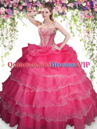 Best Coral Red Organza Lace Up Sweetheart Sleeveless Floor Length Quinceanera Gowns Beading and Ruffled Layers and Pick Ups