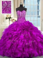 Lace Up Quince Ball Gowns Purple for Military Ball and Sweet 16 and Quinceanera with Beading and Ruffles Brush Train