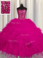 Visible Boning Fuchsia Tulle Lace Up Military Ball Dresses For Women Sleeveless Floor Length Beading and Ruffles and Sequins