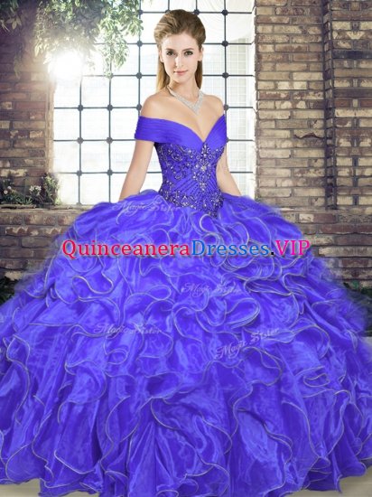 Off The Shoulder Sleeveless Ball Gown Prom Dress Floor Length Beading and Ruffles Lavender Organza - Click Image to Close