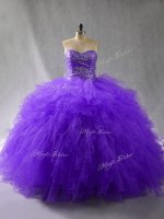 Purple Sleeveless Floor Length Beading and Ruffles Lace Up Quince Ball Gowns