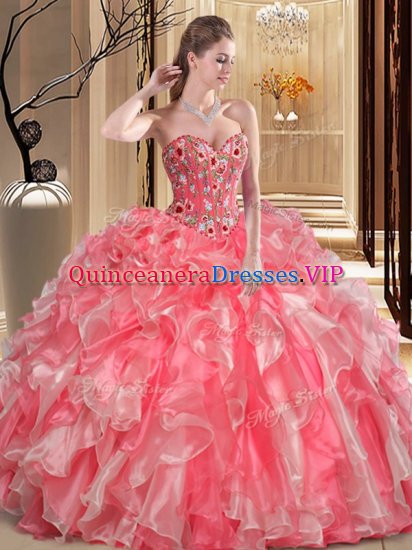 Sweetheart Sleeveless Sweet 16 Quinceanera Dress Floor Length Embroidery and Ruffles Watermelon Red Organza - Click Image to Close