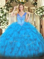 Organza V-neck Sleeveless Lace Up Beading and Ruffles 15 Quinceanera Dress in Baby Blue(SKU SJQDDT1255002-2BIZ)