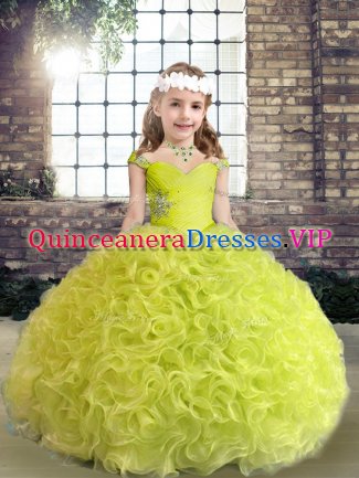 Excellent Yellow Green Ball Gowns Straps Sleeveless Fabric With Rolling Flowers Floor Length Lace Up Beading and Ruffles Little Girls Pageant Dress