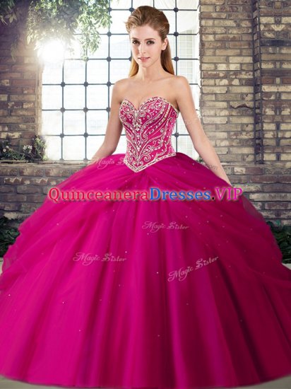 Brush Train Ball Gowns 15 Quinceanera Dress Fuchsia Sweetheart Tulle Sleeveless Lace Up - Click Image to Close