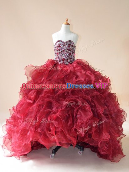 Popular Organza Sweetheart Sleeveless Brush Train Lace Up Beading and Ruffles Kids Pageant Dress in Wine Red - Click Image to Close