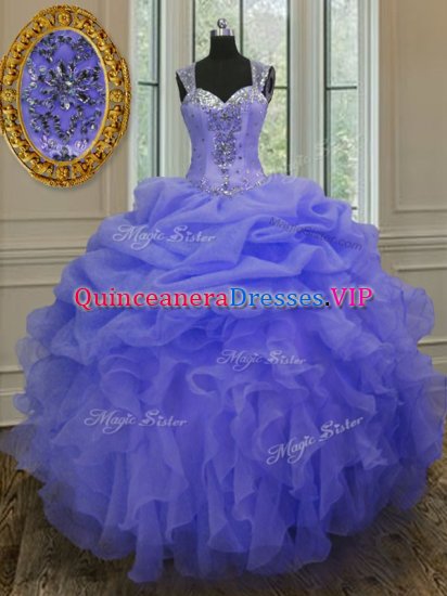 Straps Blue Organza Zipper Quinceanera Dress Sleeveless Floor Length Beading and Ruffles - Click Image to Close