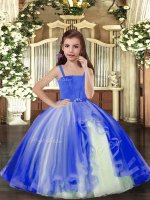 Beading Pageant Dress for Teens Blue Lace Up Sleeveless Floor Length