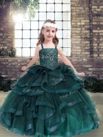 Super Sleeveless Tulle Floor Length Lace Up Little Girls Pageant Gowns in Peacock Green with Beading and Ruffles
