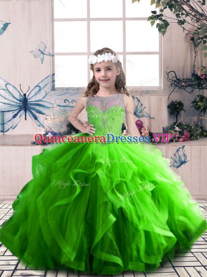 Sleeveless Tulle Floor Length Lace Up Little Girl Pageant Dress in with Beading and Ruffles - Click Image to Close