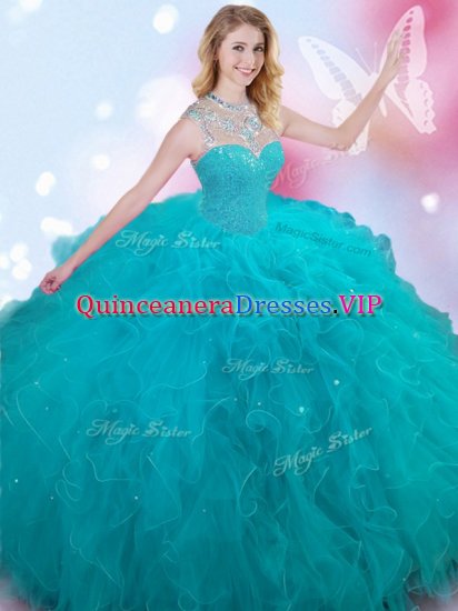Low Price Teal Ball Gowns Tulle High-neck Sleeveless Beading Floor Length Lace Up Quinceanera Gowns - Click Image to Close