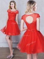 Scoop Mini Length Red Dama Dress Tulle Short Sleeves Appliques and Belt