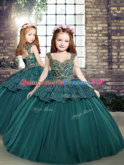 Great Floor Length Teal Pageant Gowns Straps Sleeveless Side Zipper - Click Image to Close