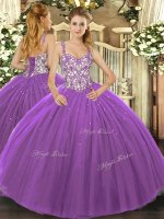 Purple Ball Gowns Straps Sleeveless Tulle Floor Length Lace Up Beading and Appliques Sweet 16 Quinceanera Dress