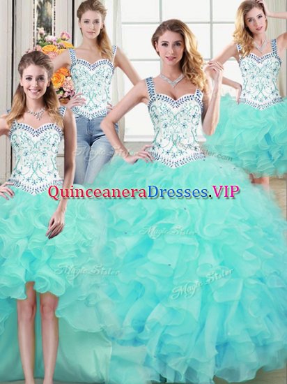 Traditional Four Piece Straps Floor Length Lace Up Quince Ball Gowns Aqua Blue for Military Ball and Sweet 16 and Quinceanera with Beading and Lace and Ruffles - Click Image to Close