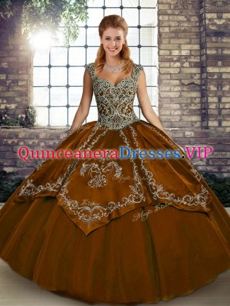 Brown Sleeveless Tulle Lace Up 15th Birthday Dress for Military Ball and Sweet 16 and Quinceanera