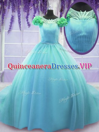 Scoop Short Sleeves Tulle Sweet 16 Dresses Hand Made Flower Court Train Lace Up