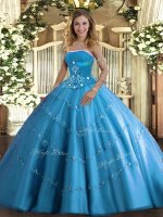 Charming Baby Blue Tulle Lace Up Strapless Sleeveless Floor Length Quinceanera Dresses Beading and Appliques