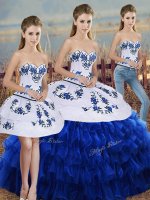 Royal Blue Three Pieces Embroidery and Ruffled Layers and Bowknot Sweet 16 Quinceanera Dress Lace Up Organza Sleeveless Floor Length