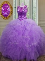 Free and Easy Scoop Floor Length Lace Up Sweet 16 Dress Lavender for Military Ball and Sweet 16 and Quinceanera with Beading and Ruffles(SKU PSSW0148-7BIZ)