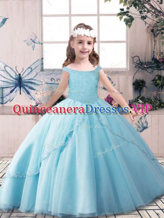 Super Ball Gowns Little Girls Pageant Gowns Blue Off The Shoulder Tulle Sleeveless Floor Length Lace Up