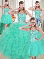 Artistic Turquoise Sleeveless Beading and Ruffled Layers Lace Up Quinceanera Dress