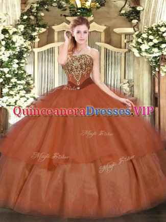 Floor Length Rust Red Sweet 16 Dress Strapless Sleeveless Lace Up