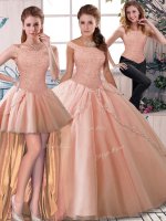 Beauteous Peach Tulle Lace Up Off The Shoulder Sleeveless Quince Ball Gowns Brush Train Beading