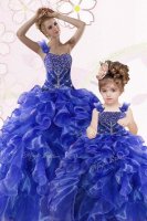 Elegant One Shoulder Floor Length Royal Blue Sweet 16 Dresses Organza Sleeveless Beading and Ruffles