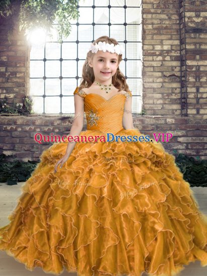 Perfect Gold Ball Gowns Beading and Ruffles Child Pageant Dress Lace Up Organza Sleeveless Floor Length - Click Image to Close