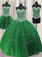 Low Price Three Piece Sleeveless Tulle Floor Length Lace Up Quinceanera Gowns in Green with Beading and Sequins