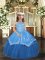 Floor Length Blue High School Pageant Dress Tulle Sleeveless Embroidery