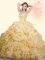 Custom Designed Beading and Ruffles and Pick Ups Quinceanera Gowns Gold Lace Up Sleeveless With Brush Train