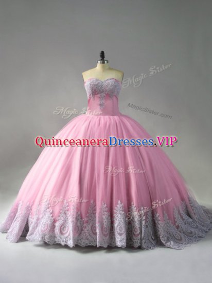 Pink Ball Gowns Beading and Appliques Quince Ball Gowns Lace Up Tulle Sleeveless - Click Image to Close