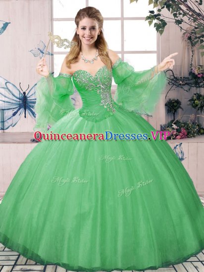High Class Green Tulle Lace Up Quinceanera Gown Long Sleeves Floor Length Beading - Click Image to Close