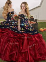 Floor Length Lace Up Sweet 16 Dress Red And Black for Military Ball and Sweet 16 and Quinceanera with Embroidery and Ruffles(SKU SJQDDT2154002BIZ)