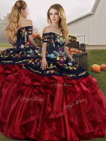 Floor Length Lace Up Sweet 16 Dress Red And Black for Military Ball and Sweet 16 and Quinceanera with Embroidery and Ruffles